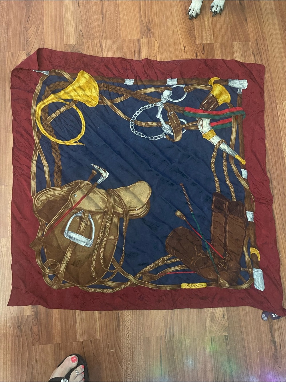 Polo by Ralph Lauren vintage Navy, Burgundy & Gold Equestrian Print Silk Scarf
